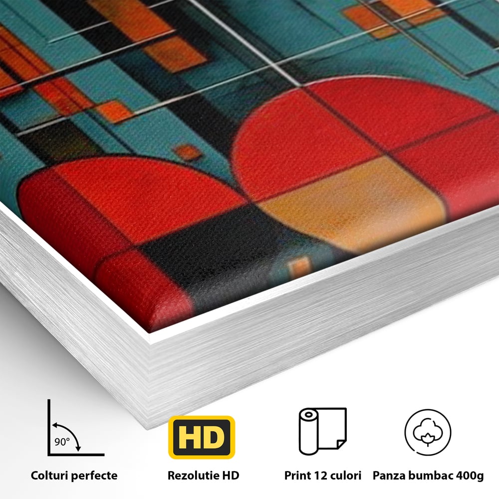 Detaliu al suprafetei: tablou canvas cu cercuri geometrice, in rama de aluminiu argintiu